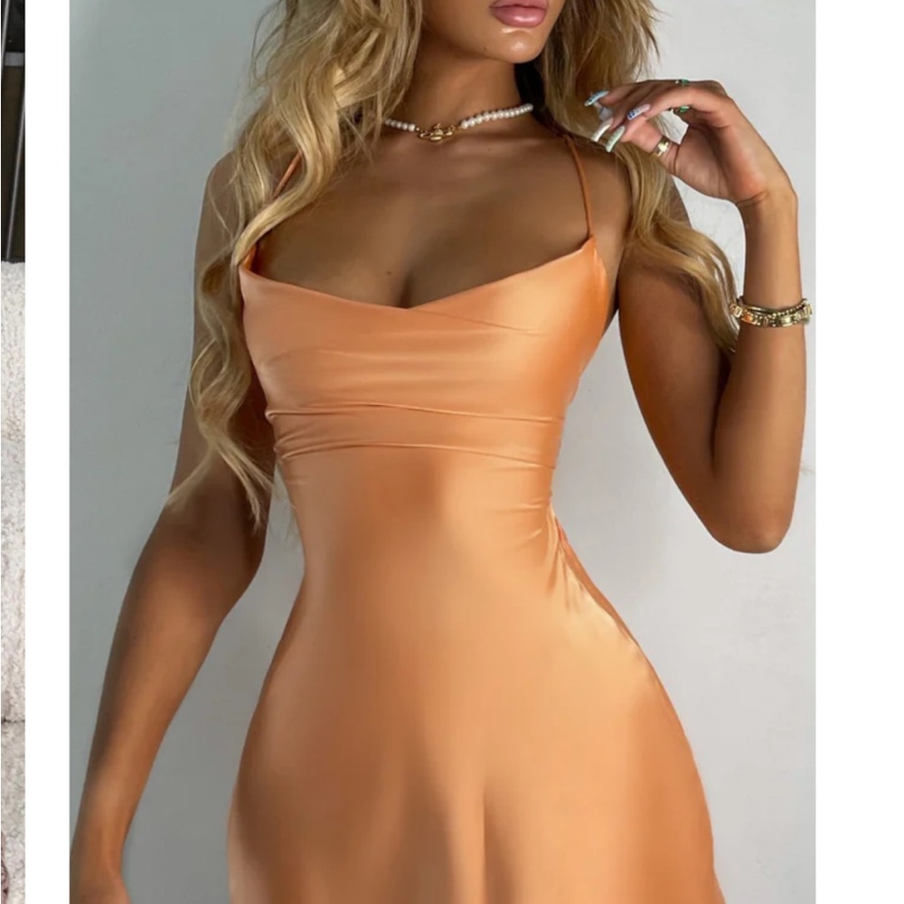 Satin Cowl Mini Dress in Peach Babyboo